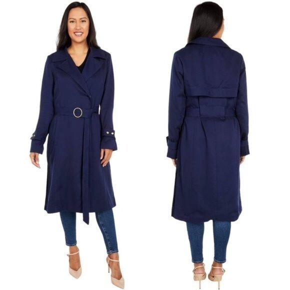 Sam Edelman Tencel Belted Trench Coat in Navy Size S - Picture 1 of 10